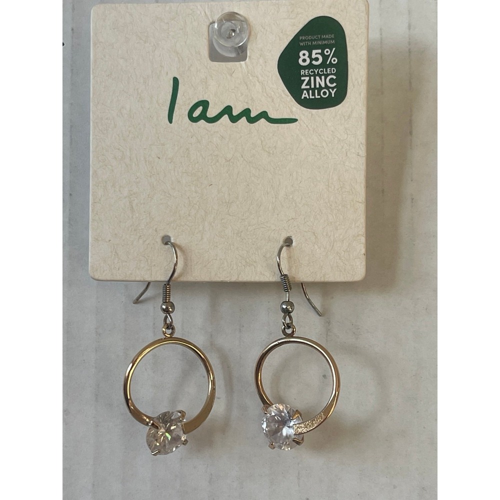 I AM Gold Tone Open Circle Drop Earrings Clear CZ Crystal Dangle Earrings